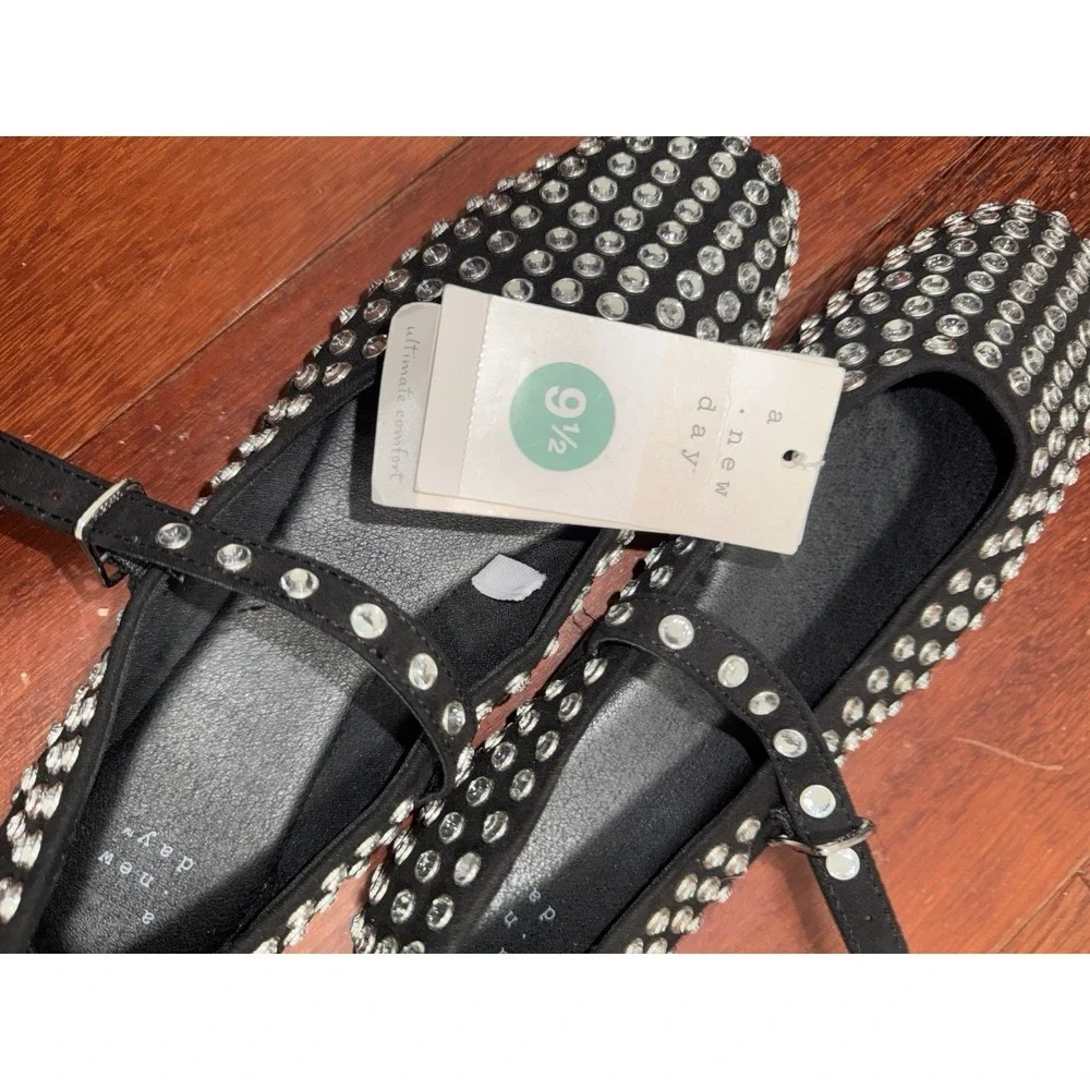 Women's Issa Rhinestone Mary Jane Ballet Flats - A New Day™ Black 9.5